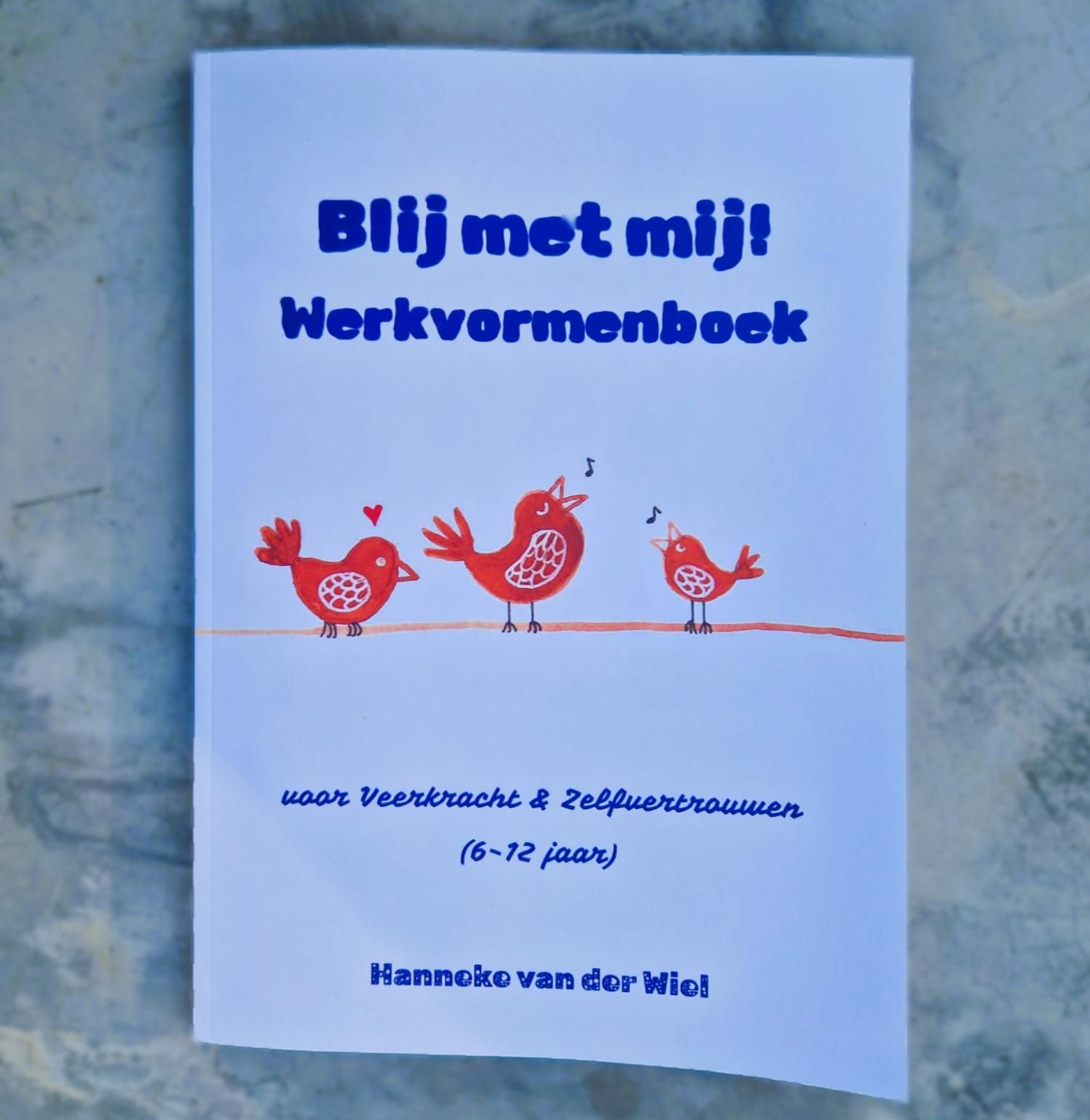 Omslag van een Nederlands werkboek met blauwe titeltekst en drie rode vogels op een lijn.