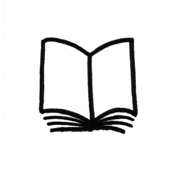 Zwarte omtrek van een open boek-icoon op een witte achtergrond.