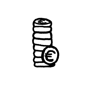Stapel munten met een munt met het eurosymbool ervoor, zwarte lijntekening op een witte achtergrond.