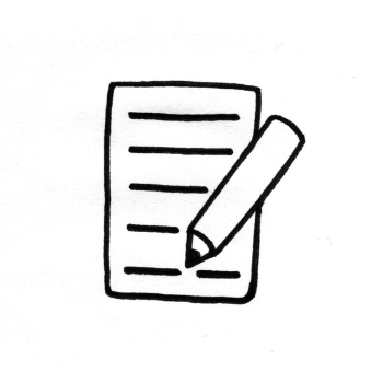 Eenvoudige zwart-wit tekening van een notitieblok met een potlood eroverheen.