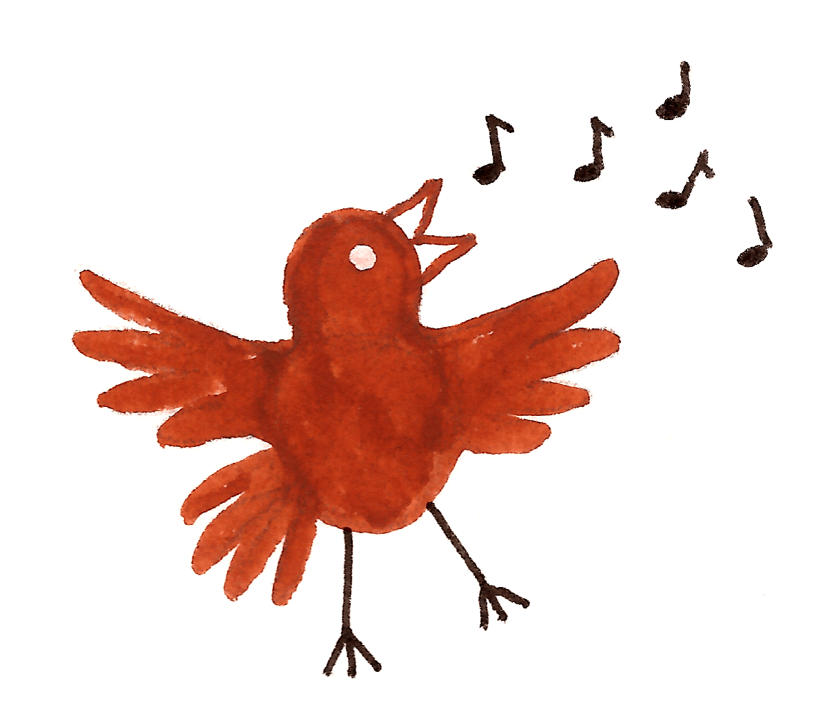 Een rode vogel zingt met gespreide vleugels, met muzieknoten die boven een witte achtergrond zweven.