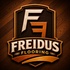 Freidus Flooring logo with stylized F and E on a dark wood background
