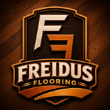 Freidus Flooring logo with stylized F and E on a dark wood background