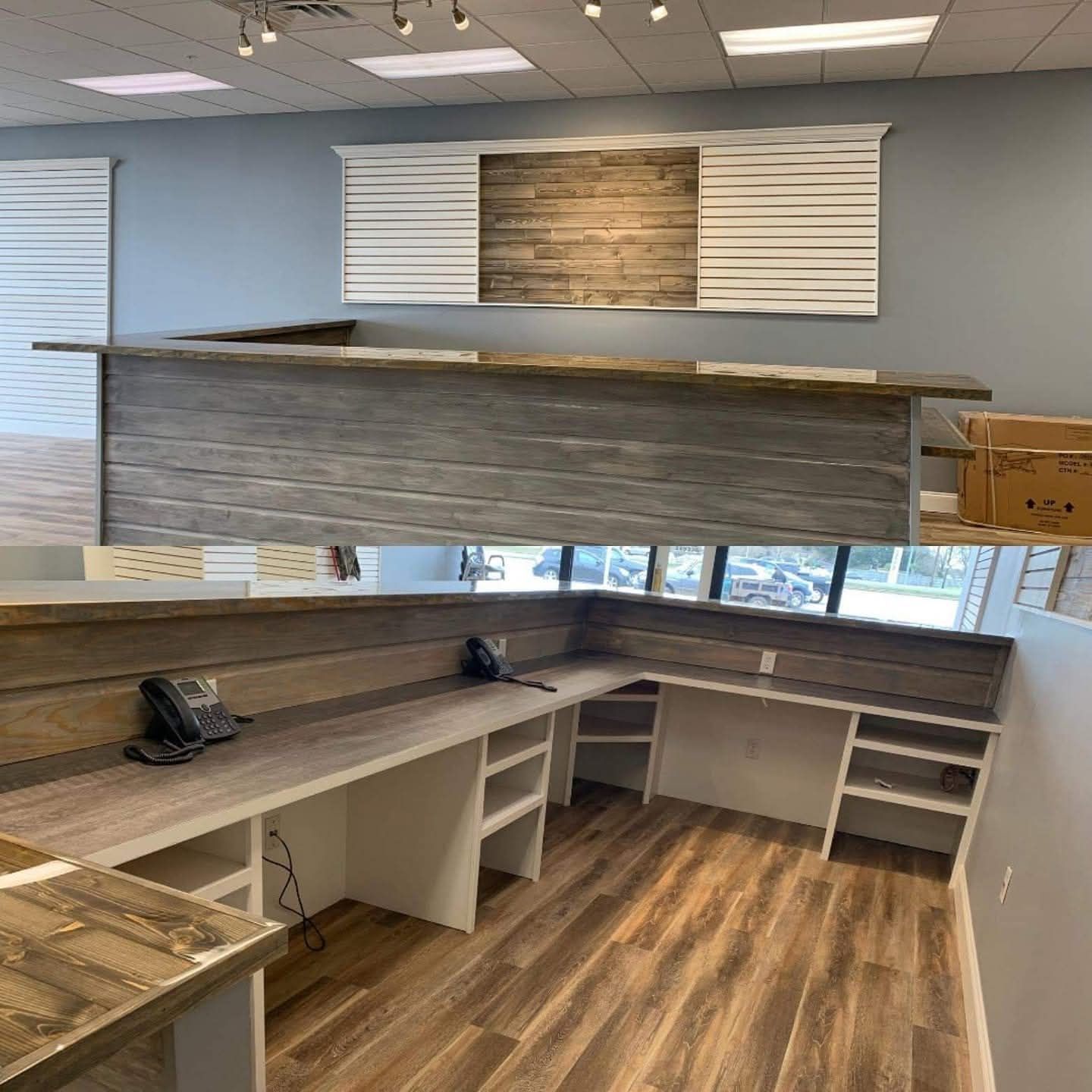 Empty retail store with unfinished gray wood counters, white walls, and wood-look flooring