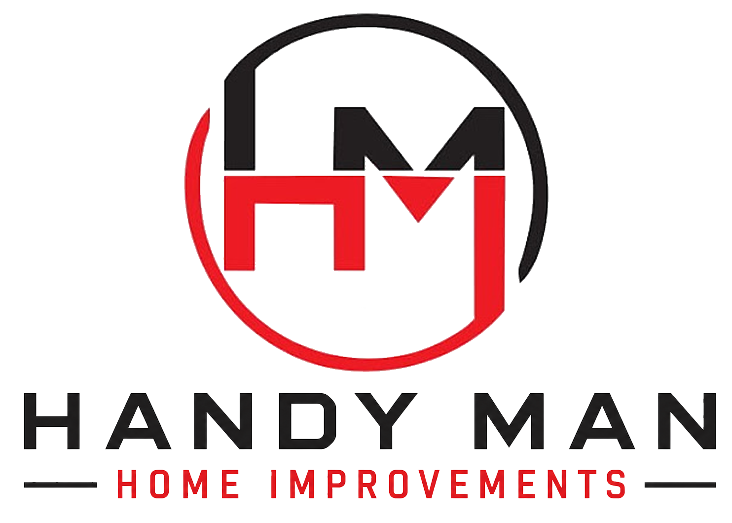 Handy Man Home Improvements logo in black, red, and white with stylized HM emblem