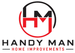 Handy Man Home Improvements logo in black, red, and white with stylized HM emblem