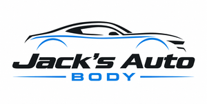 Jack’s Auto Body logo with two classic cars, one black and one white, in blue text