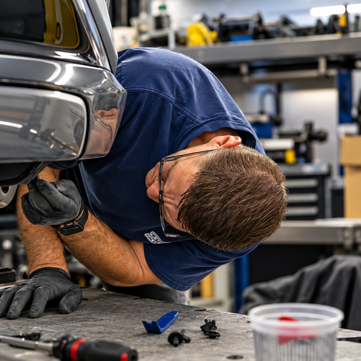 Mechanic in blue coveralls repairing a lifted car in an auto shop