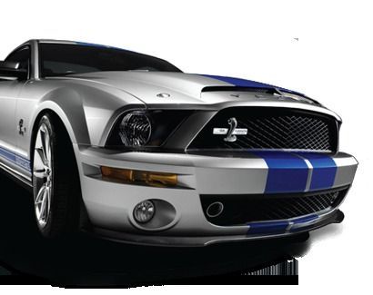 Silver Ford Mustang with blue racing stripes, front view on a white background