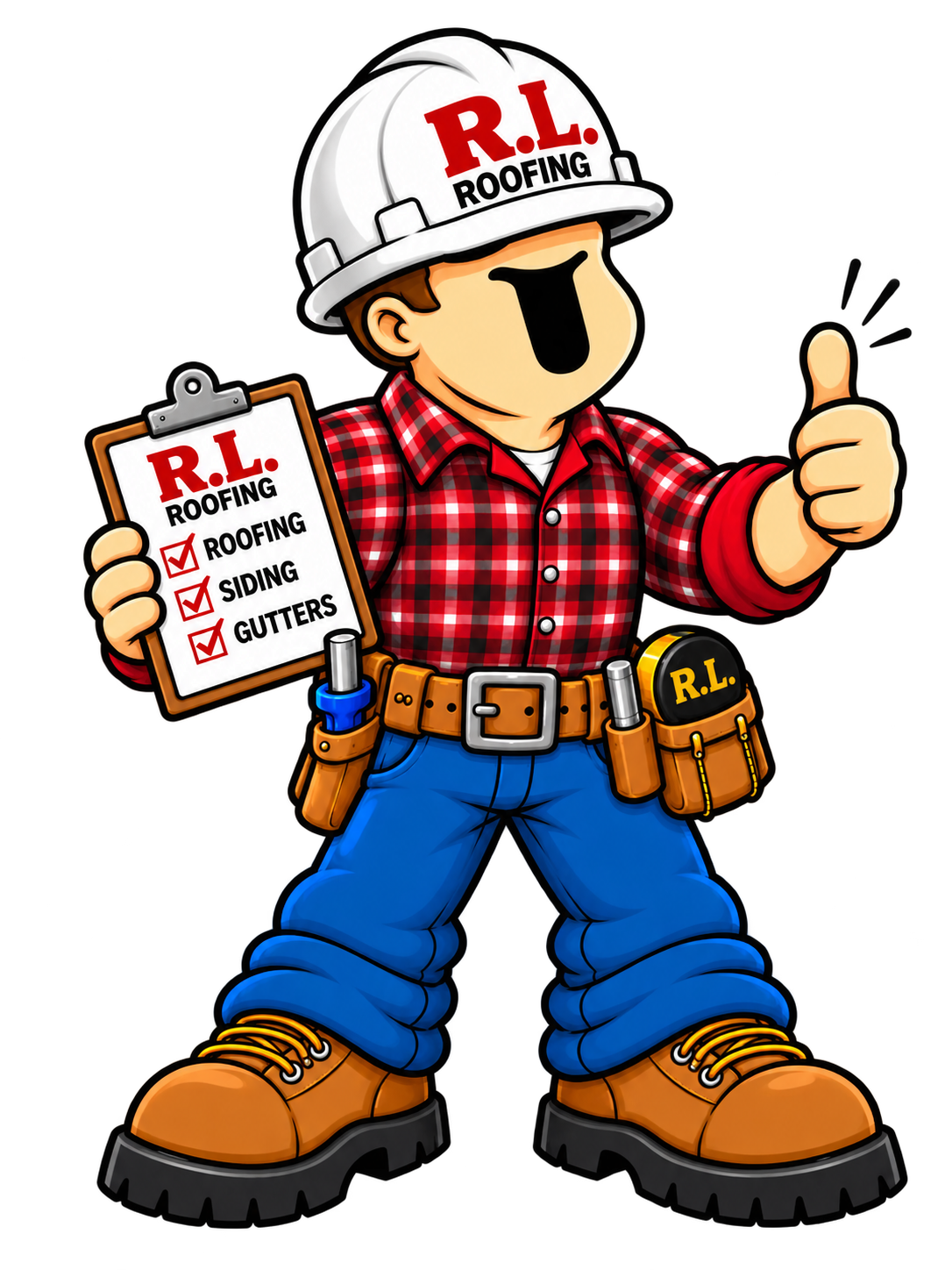 RL Roofing mascot holding a clipboard that says Roofing, Siding, Gutters