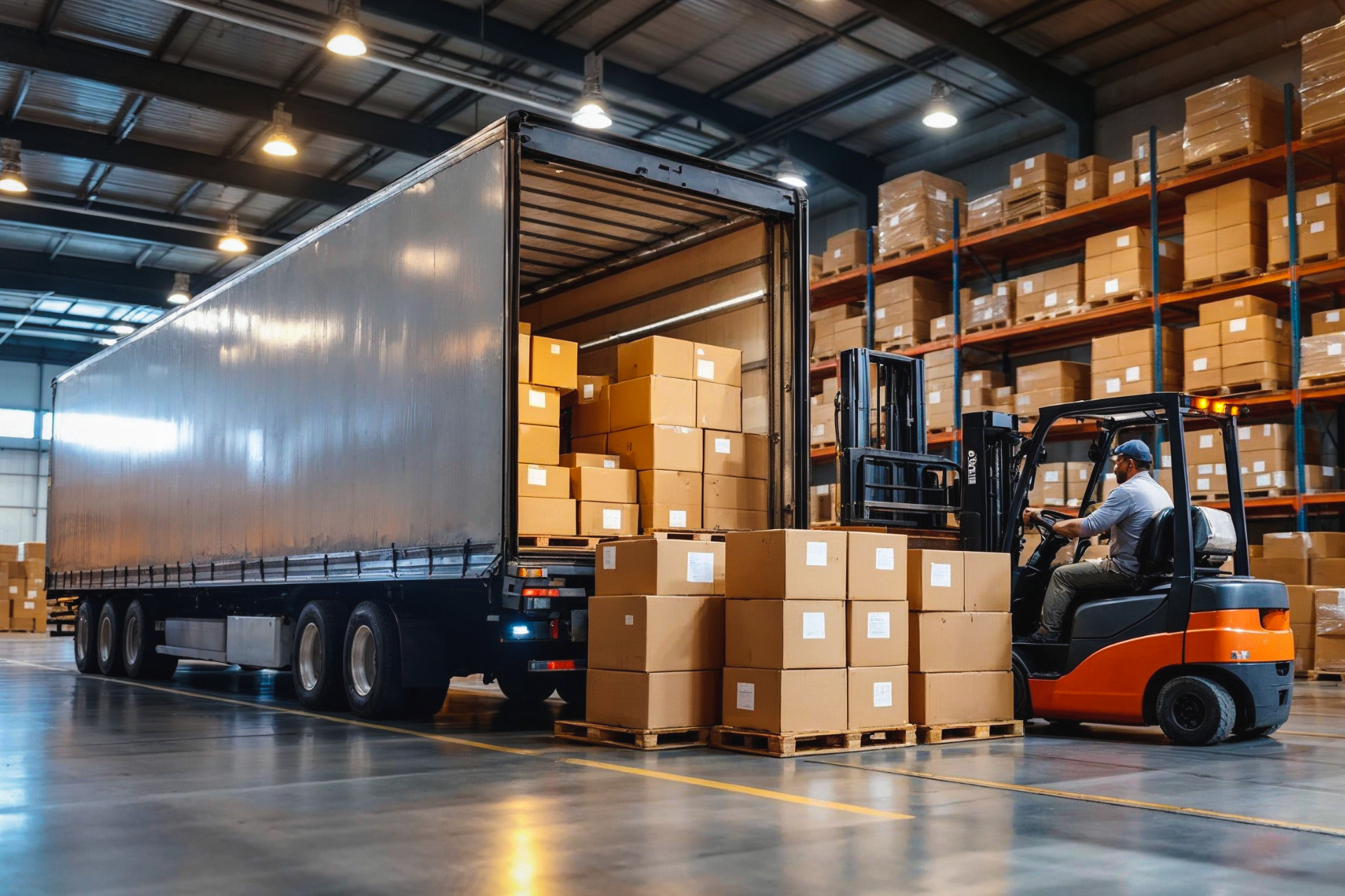 Forklift loading boxes into a semi-truck in a warehouse