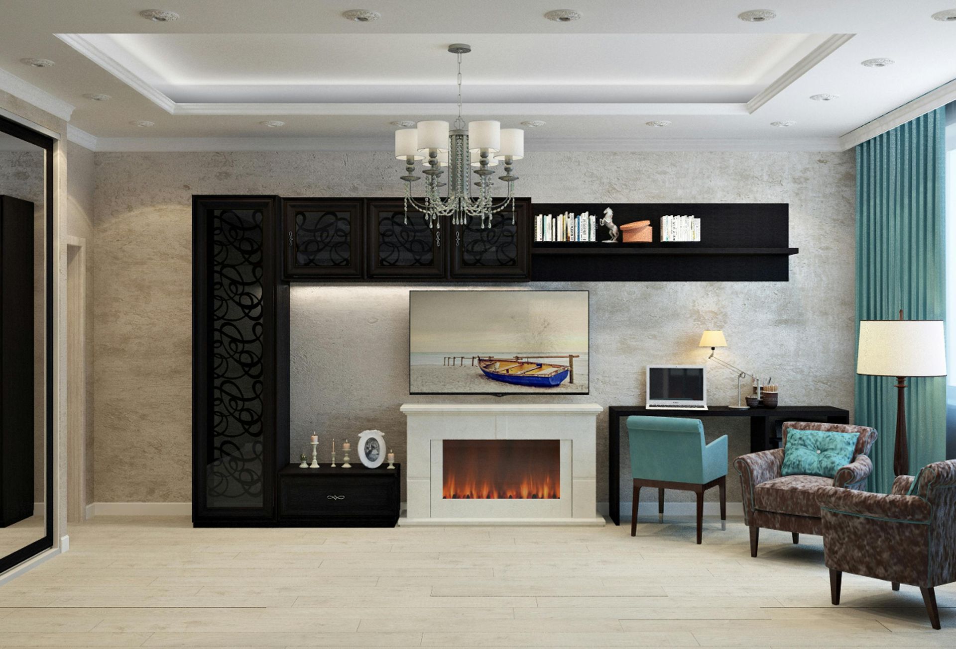 Modern living room with black built-in shelving, fireplace, chandelier, and blue accent chairs