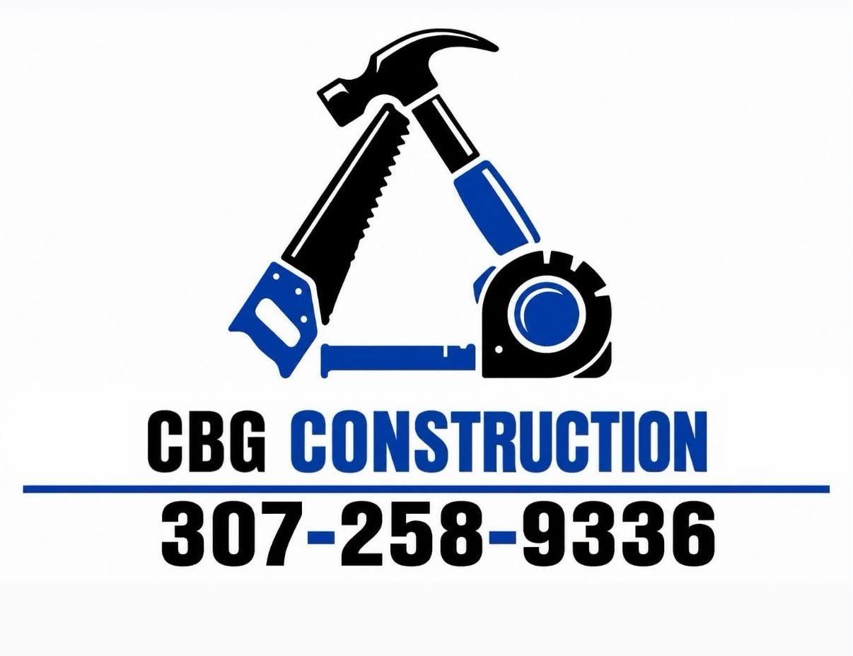 CBG Construction logo with hammer and saw icons, blue-and-black text, phone number 307-258-9336