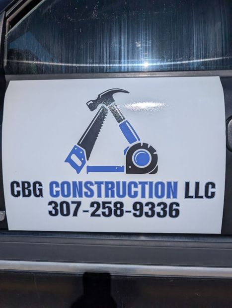CBG Construction LLC logo with hammer and saw, blue and black text, phone number 307-258-9336
