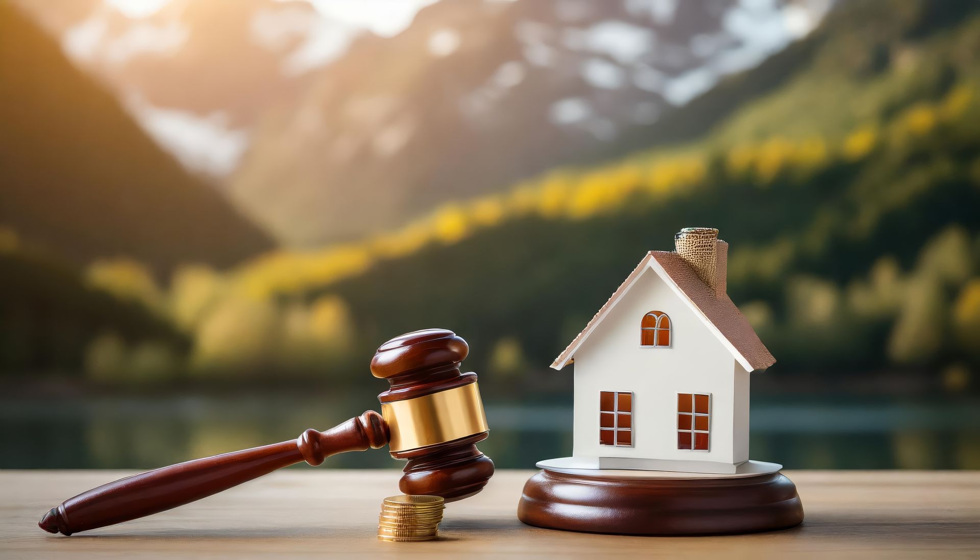 Wooden gavel and toy house with blurred natural landscape background.
