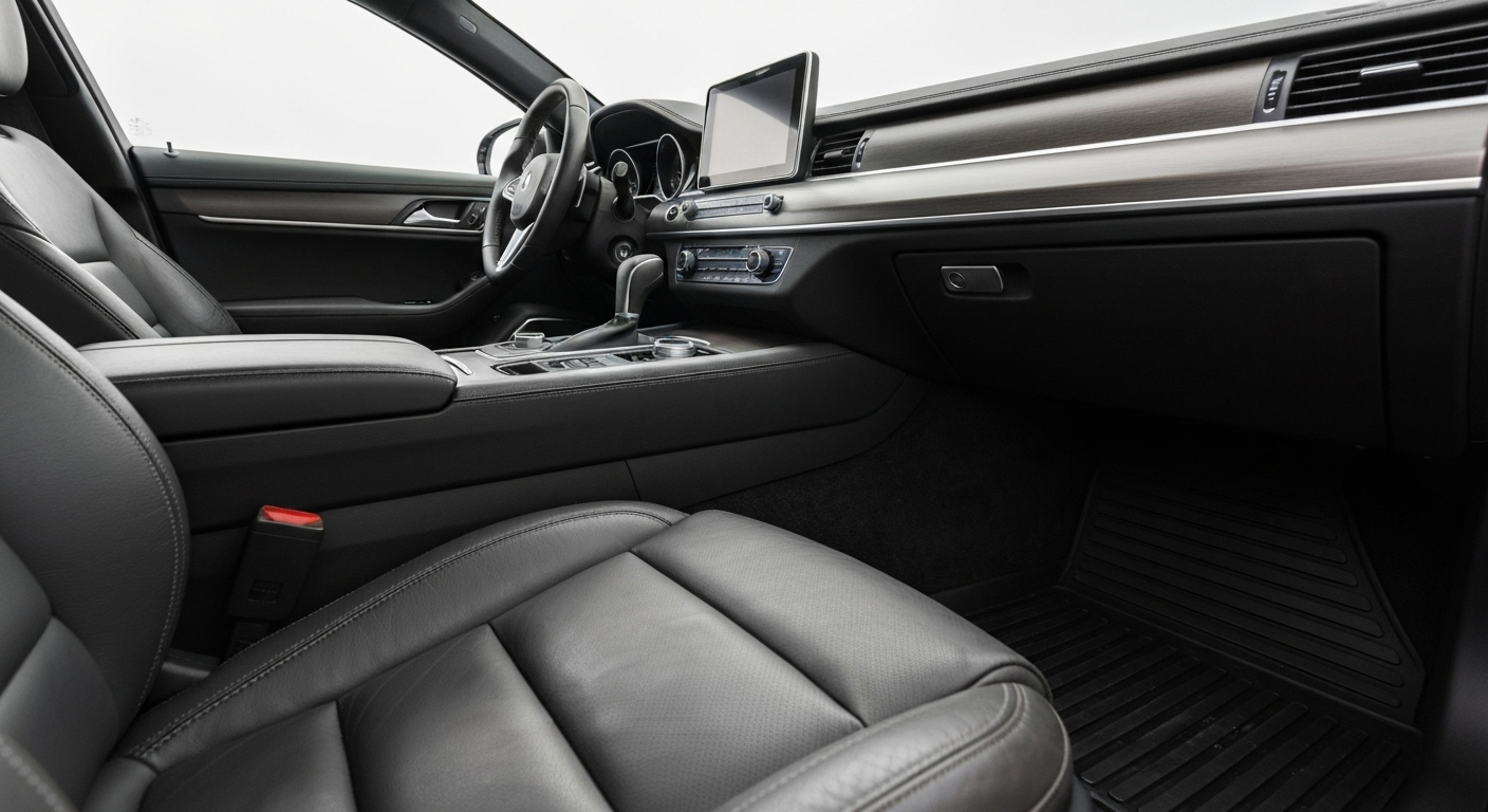 Car interior with black leather seats, dashboard, and steering wheel.