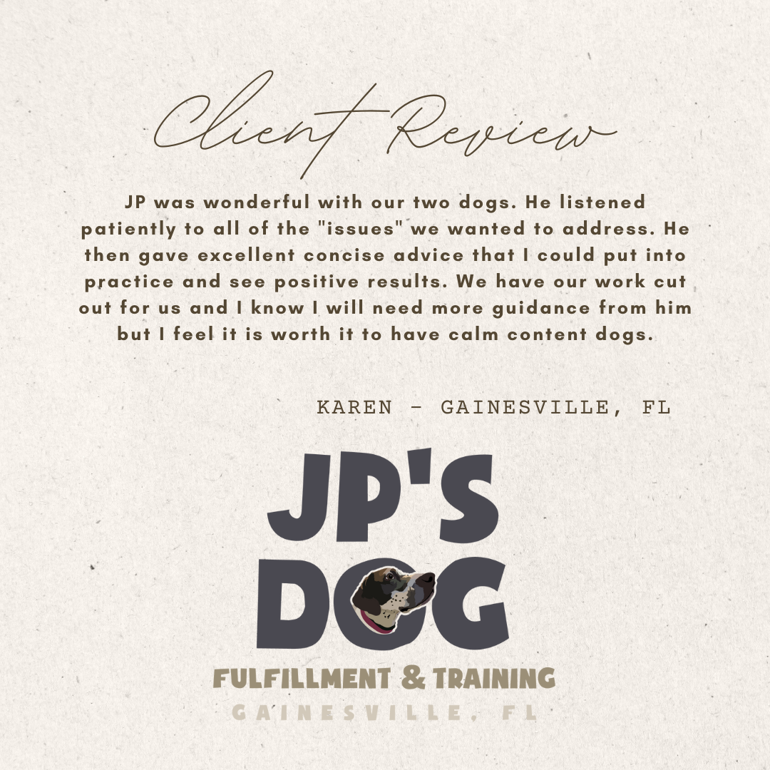 A client review for jp 's dog fulfillment & training