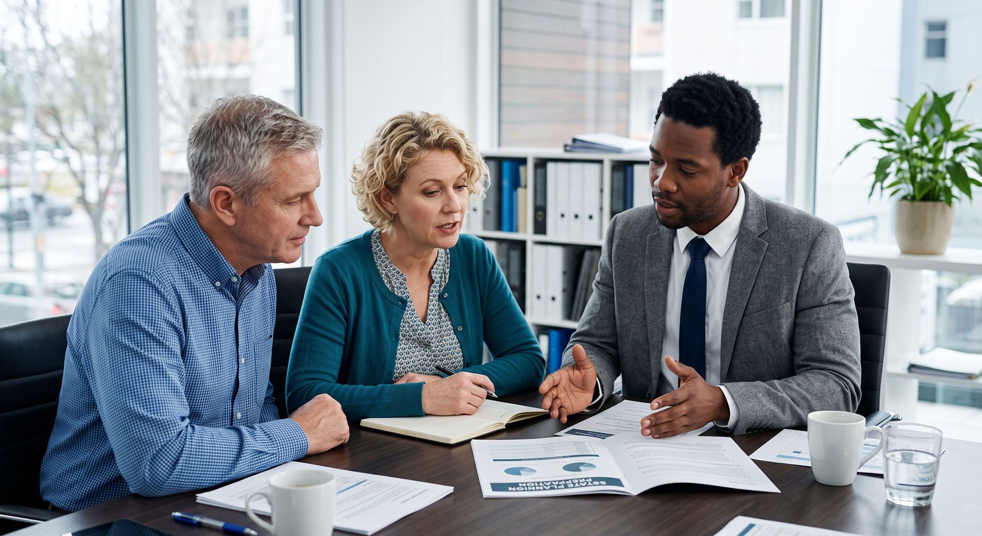 Three coworkers in a meeting, discussing documents at a table in a bright office.