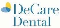 The logo for decare dental is blue and yellow with a yellow circle in the middle.