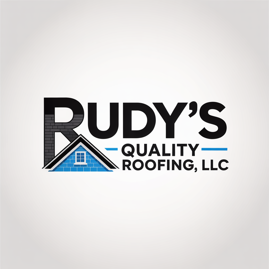 Logo for Rudy's Quality Roofing, LLC, with a house icon featuring a blue roof and a brick outline for the letter 