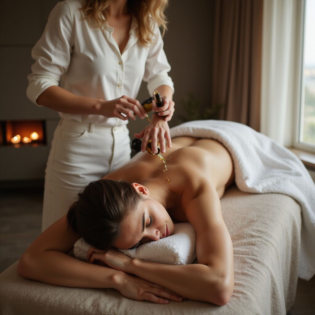 Woman receiving back massage. Therapist pouring oil. Relaxing setting with fireplace and window.