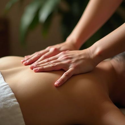 Hands performing a back massage on a person lying down, indoors.