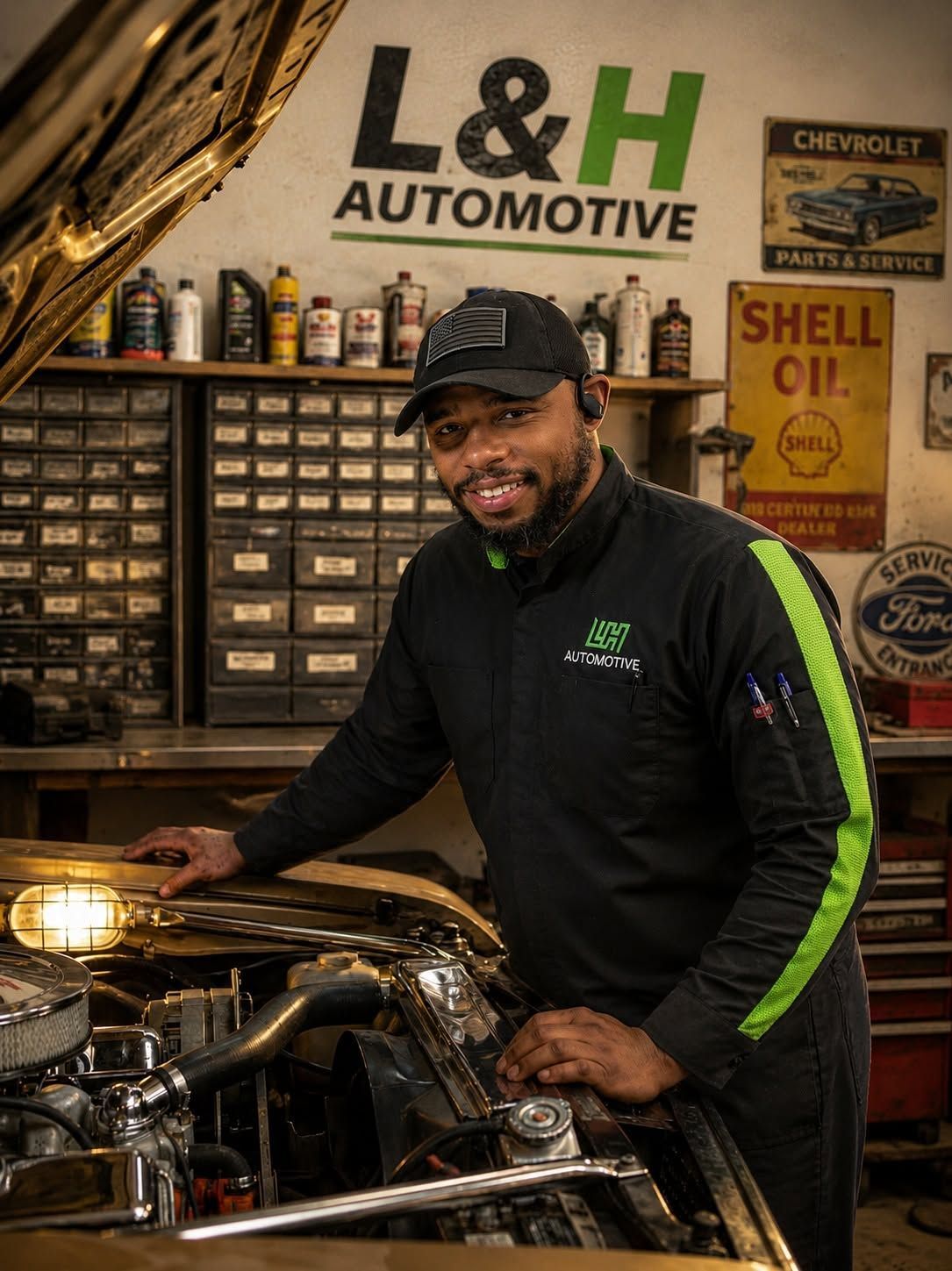L&H Automotive Technician Standing Beside Vehicle With Open Hood | L&H Automotive