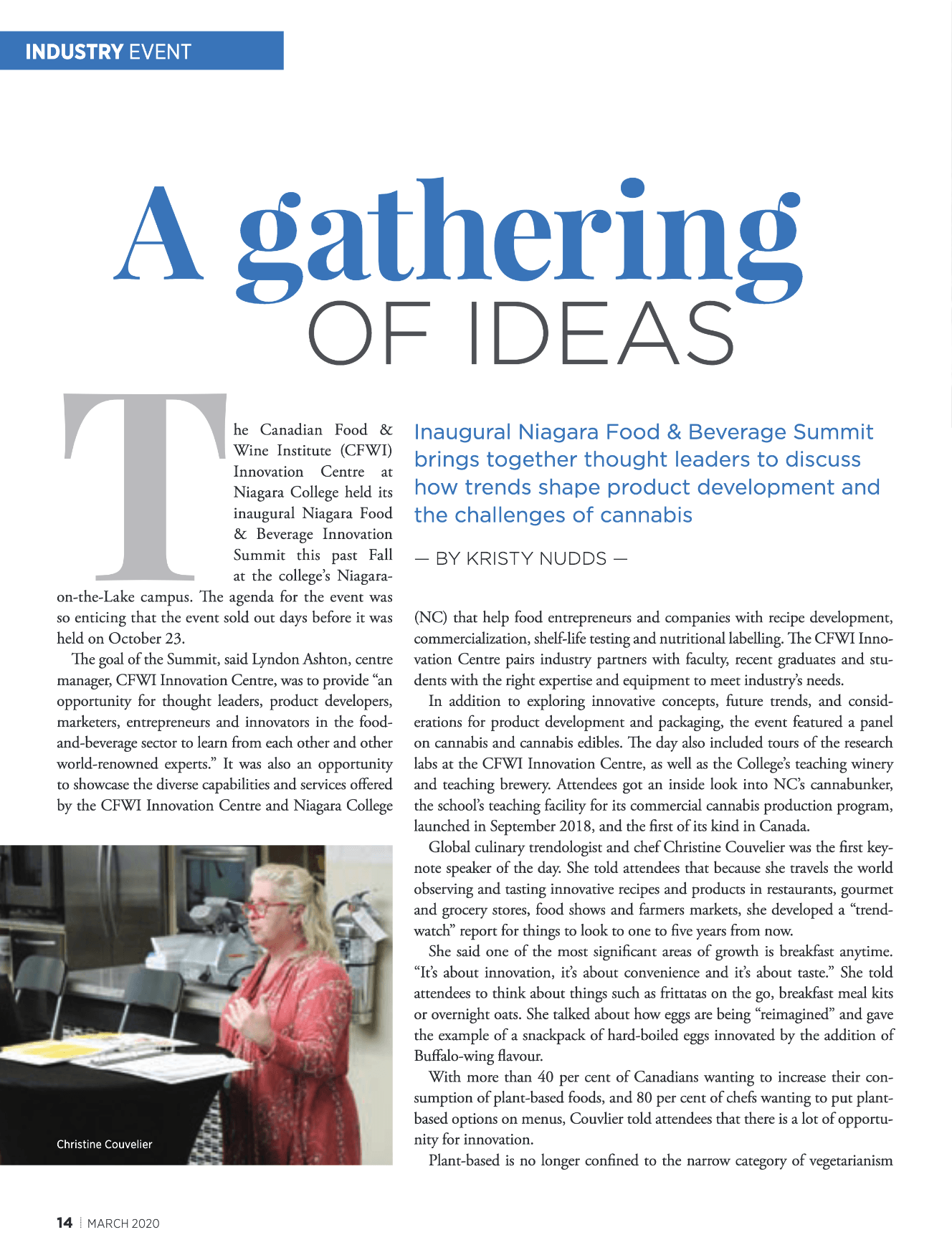A woman is giving a presentation in a magazine about a gathering of ideas.