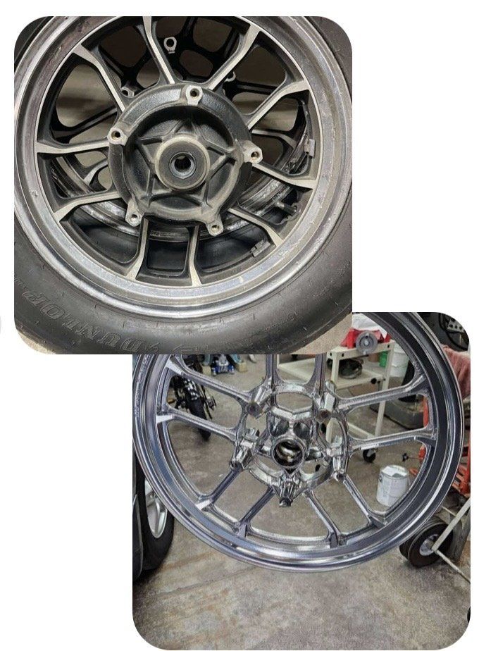 A split image showing a motorcycle wheel before and after being polished to a chrome finish.
