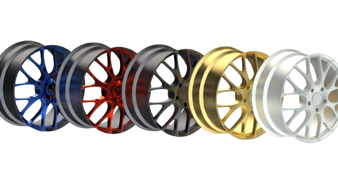 Five custom car wheels arranged in a row, featuring blue, red, dark grey, gold, and silver metallic finishes.
