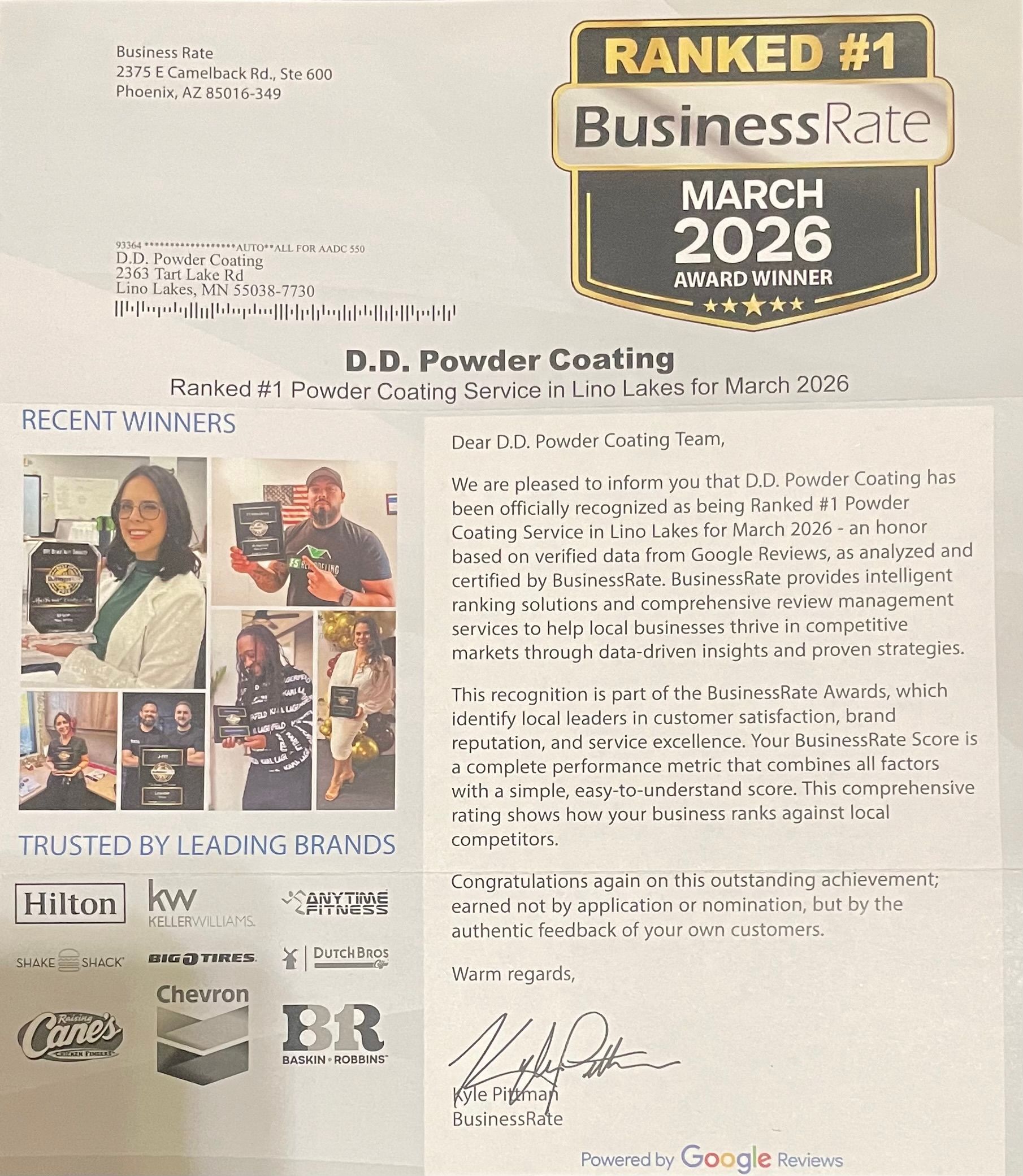 A certificate from BusinessRate awarding D.D. Powder Coating #1 ranking for March 2026, featuring company information.