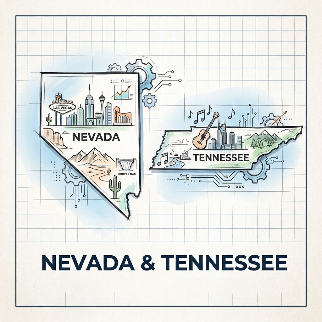 Stylized maps of Nevada and Tennessee with state names and landmarks on a light background