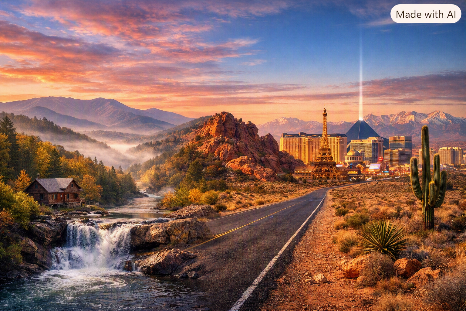 Mountain road at sunset beside a waterfall, with desert cacti, glowing city lights, and distant mountains.