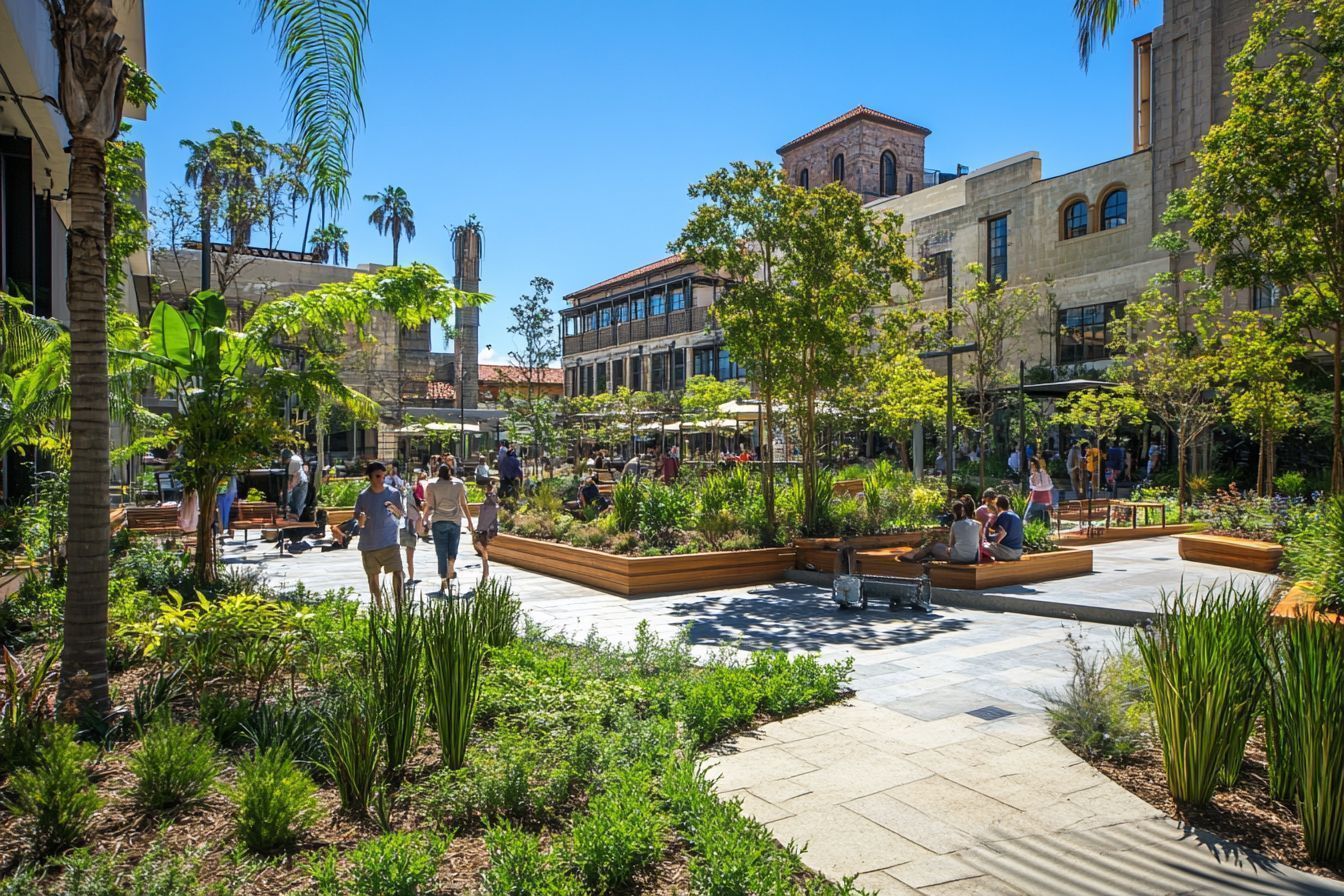 Sunny plaza with people walking among trees, benches, and garden beds beside Mediterranean-style buildings