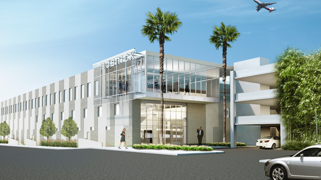 Modern white office building with glass facade, palm trees, and a plane overhead on a sunny day