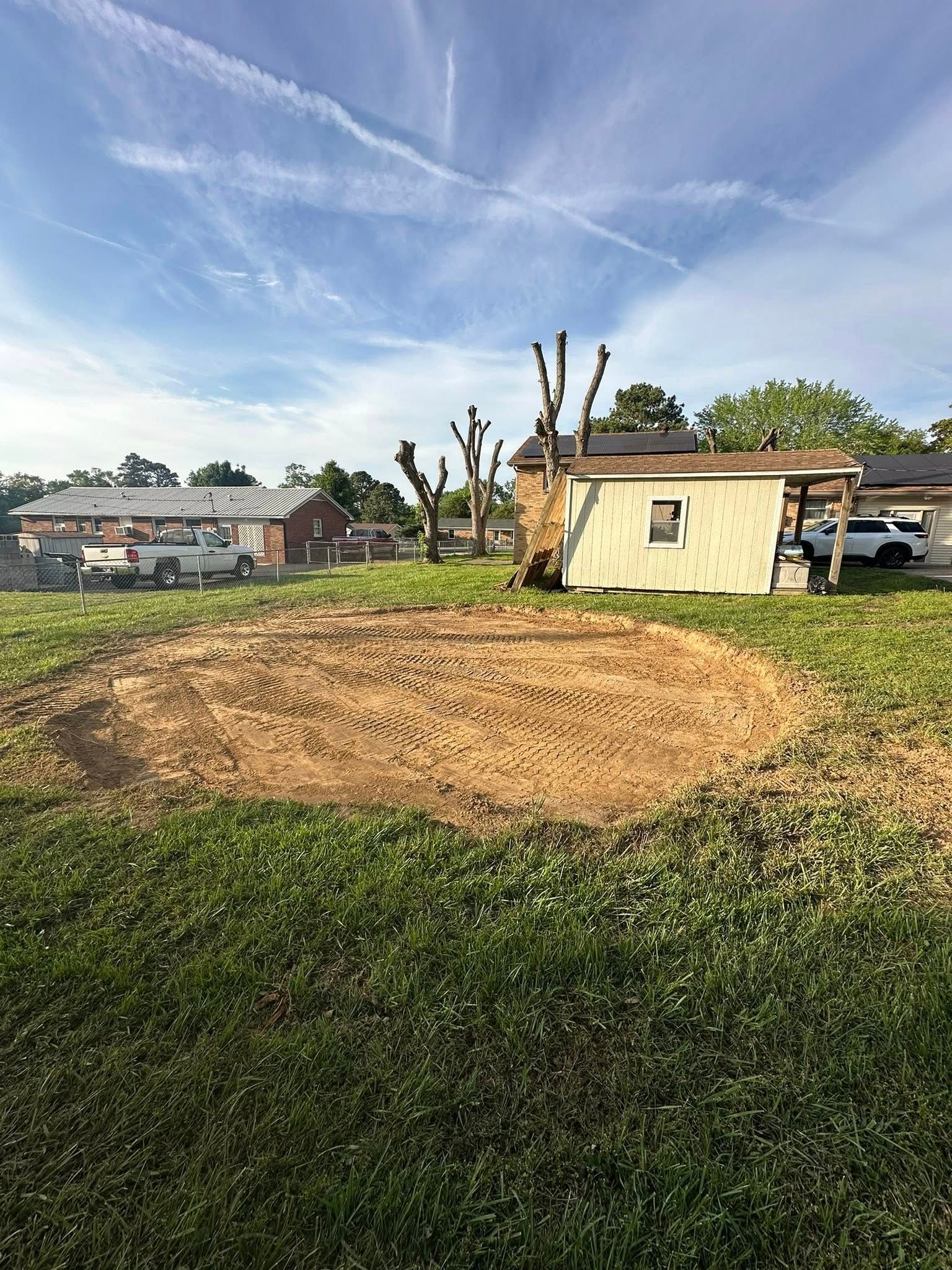 Freshly cleared yard with a large tree stump, small yellow shed, and houses under a blue sky