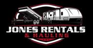 Jones Rentals & Hauling logo with dump truck, trailer, and red shield emblem on black background