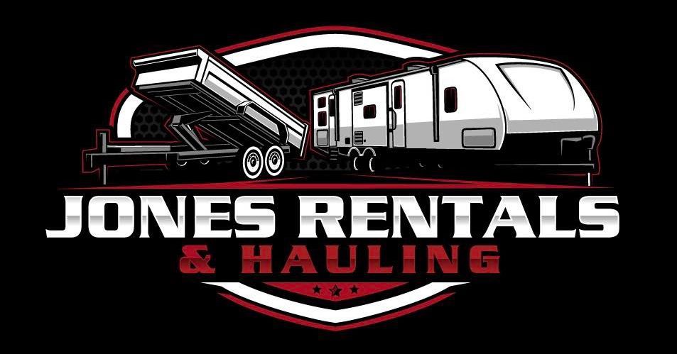 Jones Rentals & Hauling logo with dump truck, trailer, and red shield emblem on black background