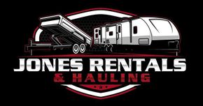 Jones Rentals & Hauling logo with dump truck, trailer, and red shield emblem on black background