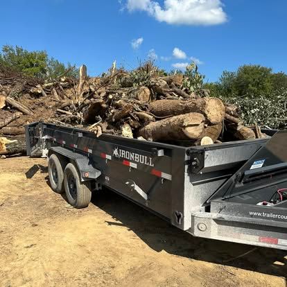 Dump trailer loaded with cut logs at a dirt work site under a blue sky.