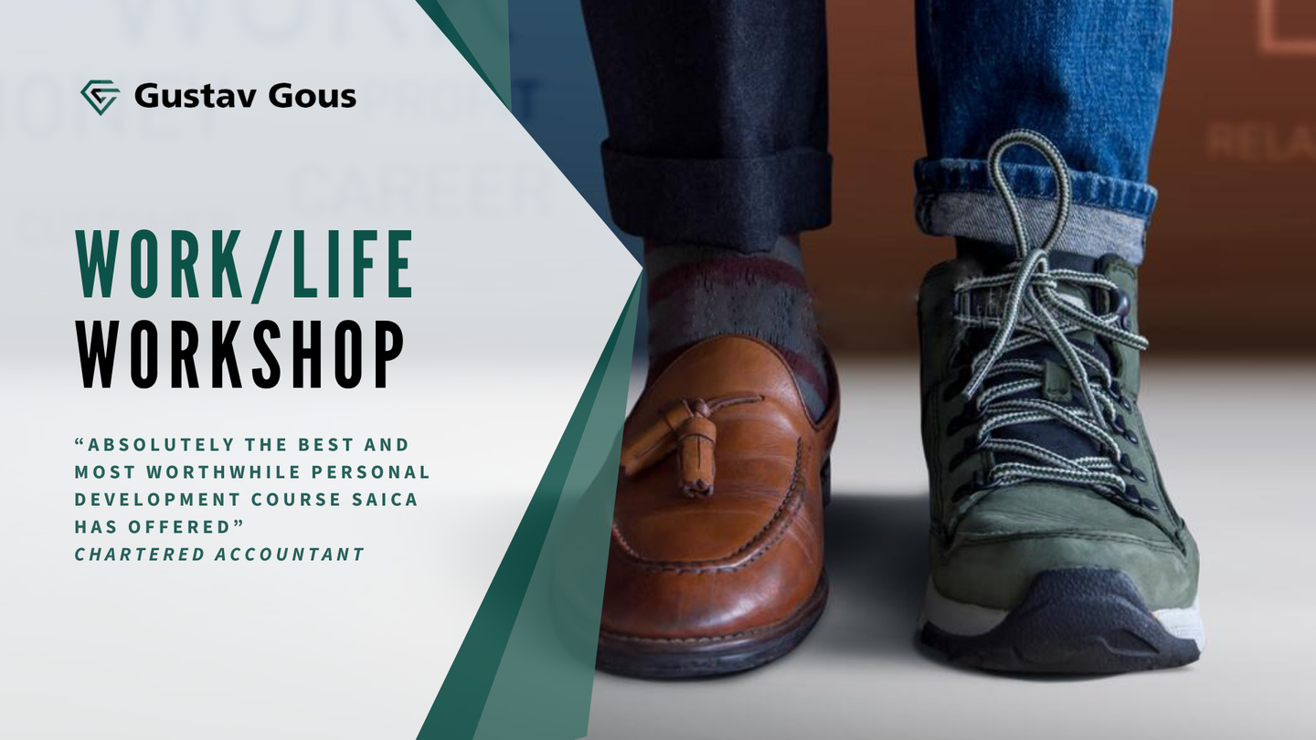 Gustav Gous Work/Life Workshop poster with dress shoe and sneaker side by side