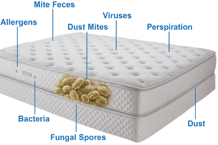 Diagram of a mattress with labels pointing to allergens, mites, viruses, perspiration, dust, and fungal spores.