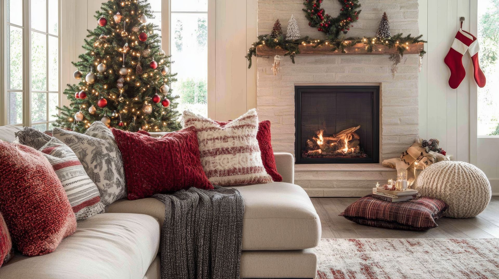 Cozy living room decorated for Christmas with a lit tree, fireplace, and festive pillows on a couch.