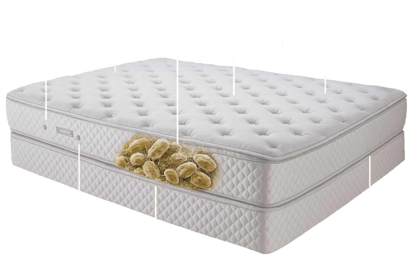 Mattress with a large yellow mold infestation on its side. White quilted surface.