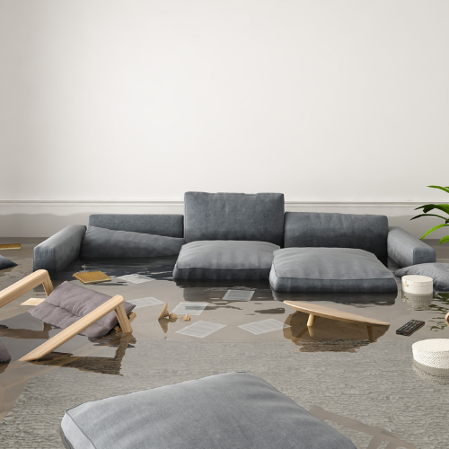 Flooded living room with gray couch, floating debris, and water covering the floor. White wall in background.