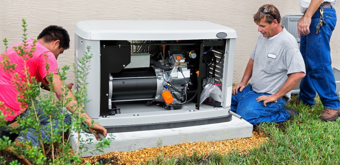Three workers installing a home generator on a concrete base outside a building.