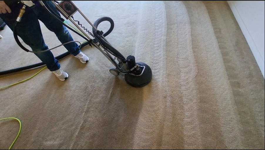 Mr. B's cleaning carpet and removing carpet stains with rotary cleaning system in Bettendorf.