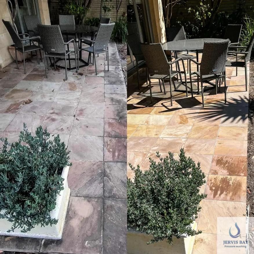 A Before And After Photo Of A Patio — Jervis Bay Pressure Washing & Property Maintenance In Sanctuary Point, NSW
