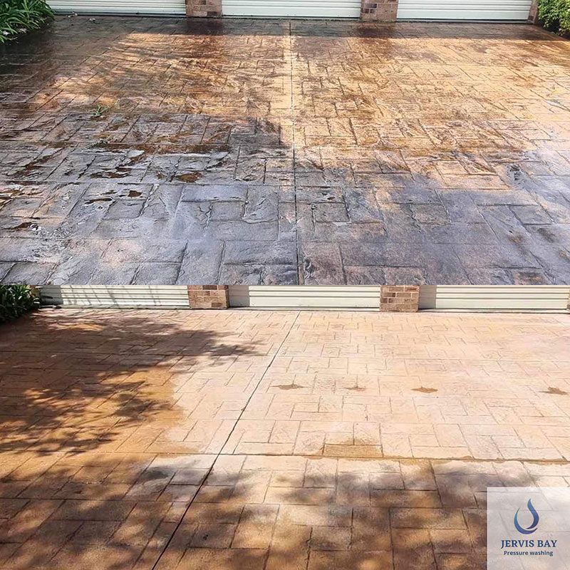 A Brick Driveway Before And After It Cleaned — Jervis Bay Pressure Washing & Property Maintenance in Vincentia, NSW