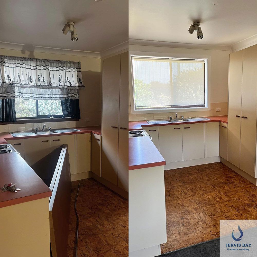 A Before And After Photo Of A Kitchen With A Window — Jervis Bay Pressure Washing & Property Maintenance In Nowra, NSW